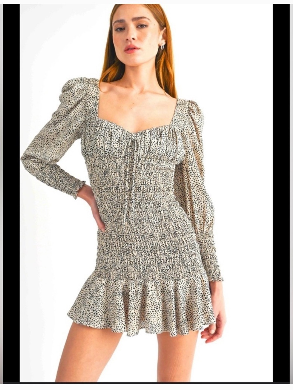 Smocked Square-Neck Mini Dress in Ivory with Black Spot Print